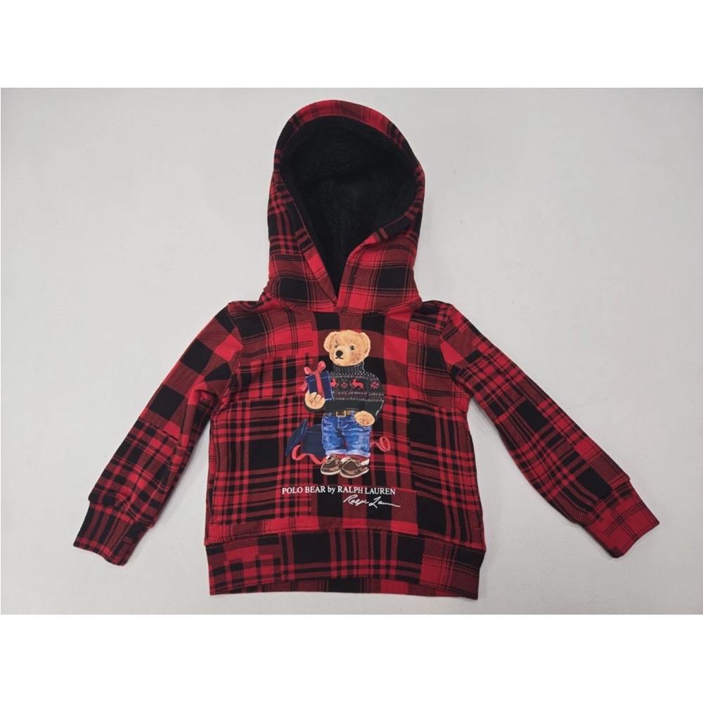 Polo Ralph Lauren Christmas Bear Hoodie Youth Kids Red Black Plaid Holiday 2T